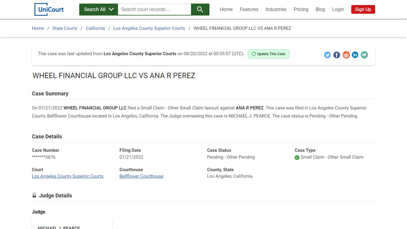 WHEEL FINANCIAL GROUP LLC VS ANA R PEREZ | Court Records - UniCourt